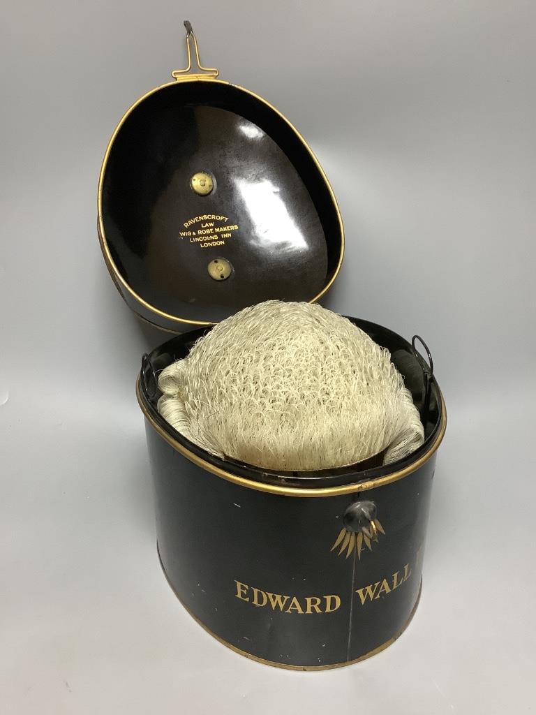 A Ravenscroft barrister's wig, Toleware cased, formerly belonging to Edward Wall esq. (International Court of Justice, The Haig)